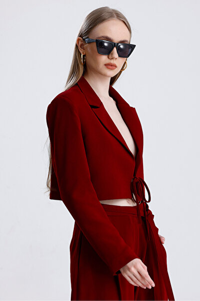 MD trend Women's Tied Crop Jacket and Belted Palazzo Trousers Two Piece Set