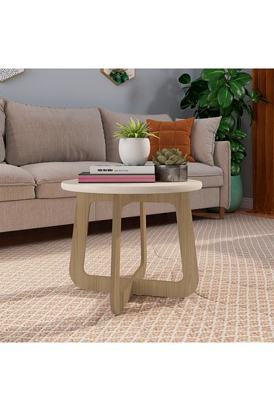 pilati Round coffee table for living rooms and homes, natural brown and white color, 46.5*59*59