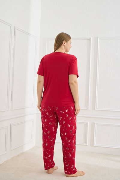 Burcumay Women's Patterned Short Sleeve Flexible Soft Textured Milan Fabric Red Summer Plus Size Pajamas Set