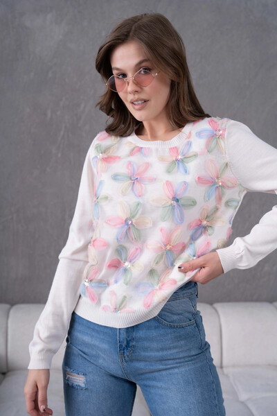 Park Karon Bisiklet Yaka Tül Detaylı Aplikeli Triko Kazak