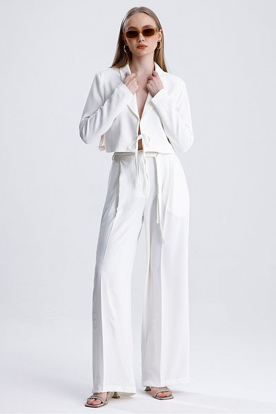 MD trend Women's Tied Crop Jacket and Belted Palazzo Trousers Two Piece Set