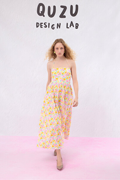 Quzu Ροζ Φόρεμα με λουλούδια με ανοιχτή πλάτη