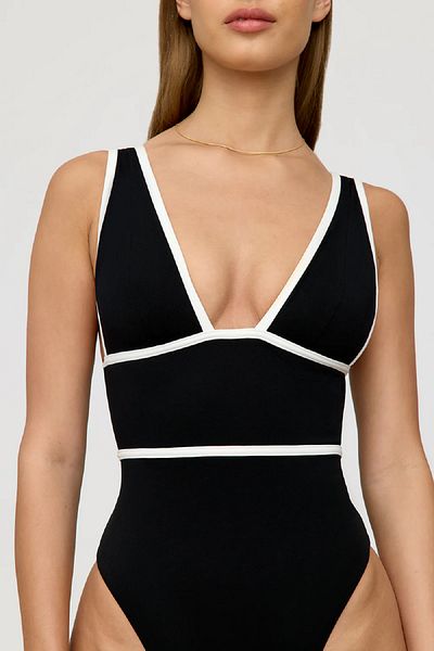 LU Lunita Stylish Black Swimsuit with Wide Size Interval and White Stripes Without Cups