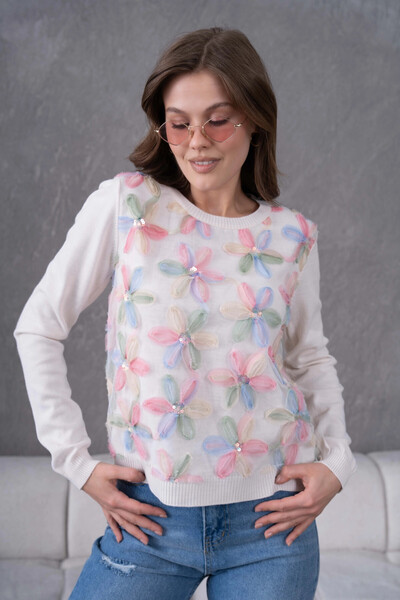 Park Karon Bisiklet Yaka Tül Detaylı Aplikeli Triko Kazak