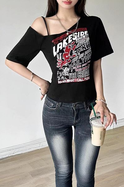 Köstebek Crop cu mânecă scurtă Y2k cu umăr decoltat Black Lakeside