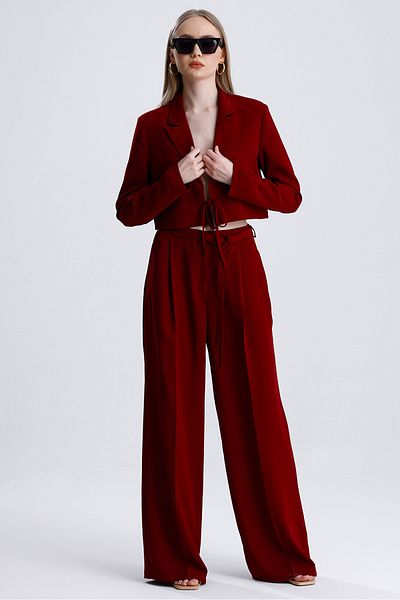 MD trend Women's Tied Crop Jacket and Belted Palazzo Trousers Two Piece Set