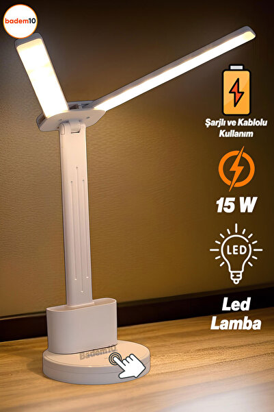Badem10 Şarjlı Dokunmatik 3 Renk Kademeli Işık Ledli Çift Kanat Masa Üstü Lambası 15w Ders Çalışma Işığı