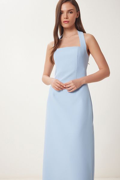 Lovelyİstanbul Rochie Midi țesută cu bretele groase Sky Blue Lfk0005