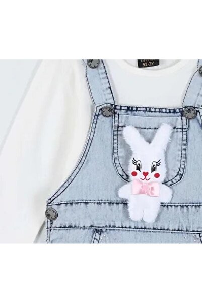 GZT TEKSTİL Girl's Salopet and White T-Shirt Gilet Set with Teddy Bear (1-8 Years)