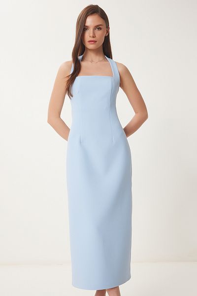 Lovelyİstanbul Rochie Midi țesută cu bretele groase Sky Blue Lfk0005