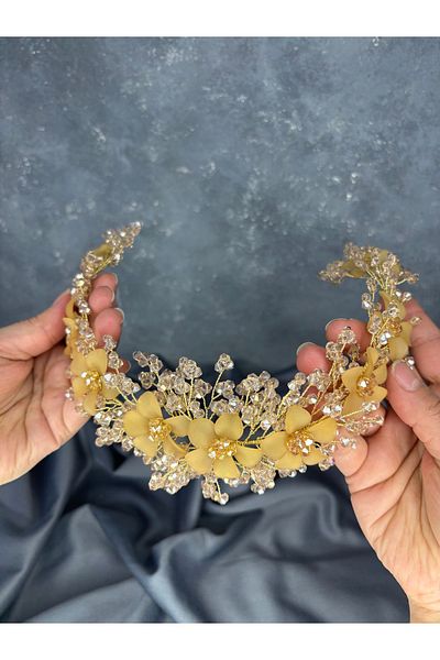 Hayalperest boncuk Crystal Beaded Bridal Crown for Henna Night Nileda Model Honey Color