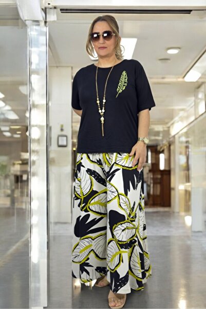 yagmurberen Wide Cut Cotton Viscosse Pants Skirt Combed Bluz Double Suit with Elastic Belt