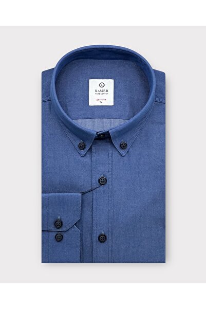 KAMER Men Slim Fit 100% Cotton Long Sleeve Button Collar Blue Solid Washed Shirt 2411m