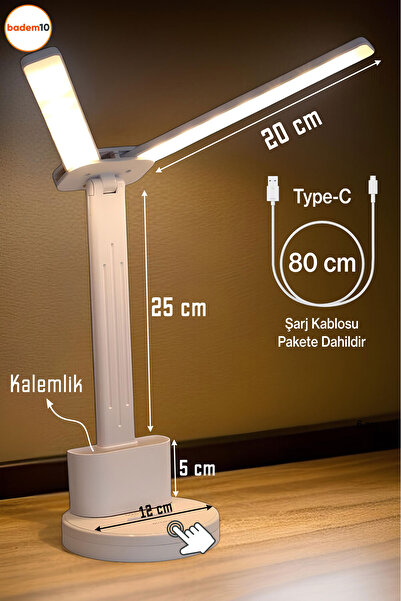 Badem10 Şarjlı Dokunmatik 3 Renk Kademeli Işık Ledli Çift Kanat Masa Üstü Lambası 15w Ders Çalışma Işığı