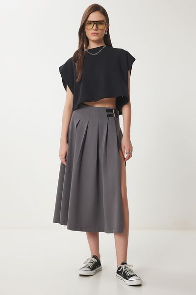 Lovelyİstanbul Belted Flared Woven Skirt Smoked Lns0025