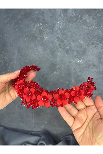 Hayalperest boncuk Crystal and Bead Embroidered Bridal Crown Nileda Model Henna Accessory Red