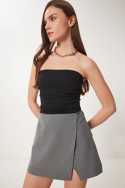 Lovelyİstanbul Asymmetrical Shorts Lined Woven Skirt Model Gray Lus0104