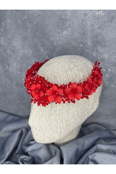 Hayalperest boncuk Crystal and Bead Embroidered Bridal Crown Nileda Model Henna Accessory Red