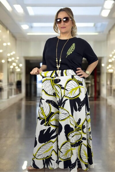 yagmurberen Wide Cut Cotton Viscosse Pants Skirt Combed Bluz Double Suit with Elastic Belt