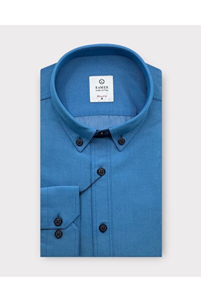 KAMER Men's Slim Fit 100% Cotton Long Sleeve Button Collar Turquoise Solid Washed Shirt 2411Tr