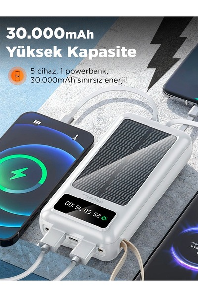 ACL Pw-61 Led Işıklı Usb Mikro Type-c Lighning Kablolu 2xusb 30000mah Lcd Powerbank
