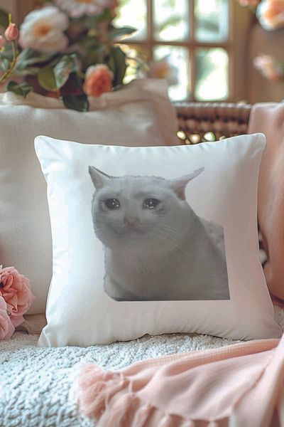 qoeuyl boutique Crying Cat Printed Funny Gift Fiber Filled Decorative Pillow