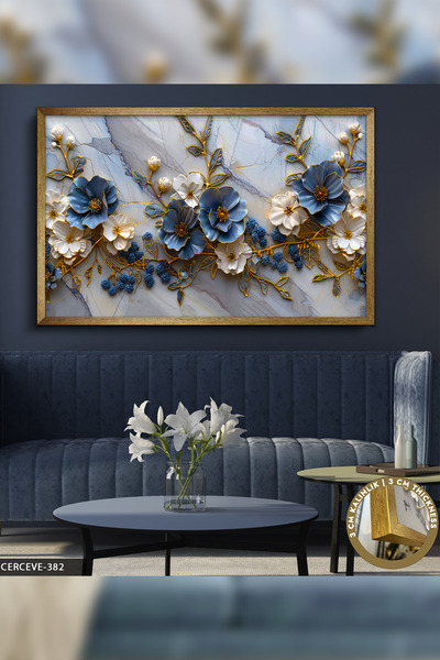 Evinemoda Mavi Beyaz Çiçekler Tek Parça Gold Çerçeveli Kanvas - Canvas Tablo