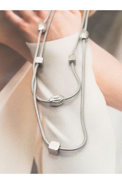 Siya Silver Steel Cube Dorica Detailed Double Steel Necklace