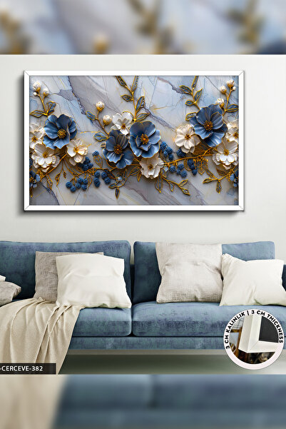 Evinemoda Mavi Beyaz Çiçekler Tek Parça Beyaz Çerçeveli Kanvas - Canvas Tablo