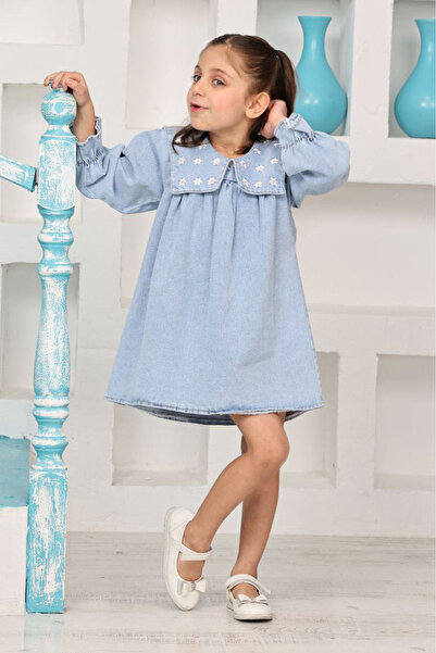 ANGELOS GIRLS Girl's Jean Dress with Embroidery Daisy Detail on the Collar 12192