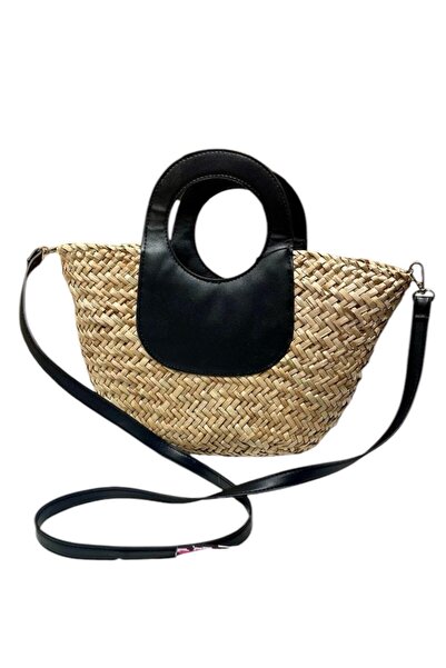 MyladyAccessoriess Μαύρη δερμάτινη τσάντα ώμου με λεπτομέρειες από ψάθα