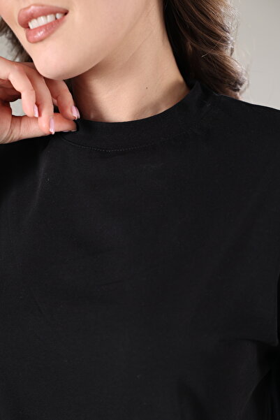Tight Lady %100 Organik Pamuk Kadın Siyah Basic Ribana'lı Dik Yaka Örme T-shirt