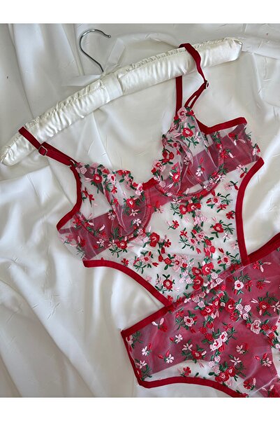 ROZENİN LINGERIE Κόκκινο μικροσκοπικό δαντελένιο διαφανές κορμάκι