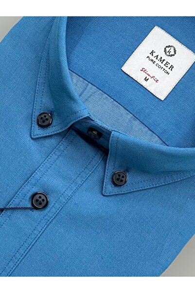 KAMER Men's Slim Fit 100% Cotton Long Sleeve Button Collar Turquoise Solid Washed Shirt 2411Tr
