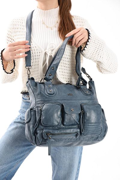 571 Collections Çanta Geantă de umăr din piele artificială albastră (model: 571-13-13L)