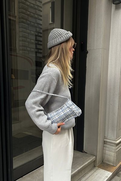 LOVENTA Detailed Belt Shoulder Bag Tweed Blue Eleanor