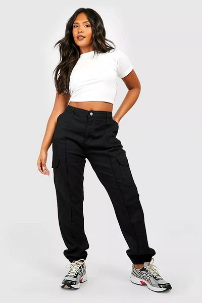 Şans Women's Plus Size Black High Waist Front Grass Stitching Elastic Leg Cargo Pants 65N38741