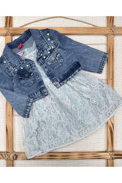 Murat Baby Girl's Summer Dress - Denim Jacket - Guipure Flower Lace Bow