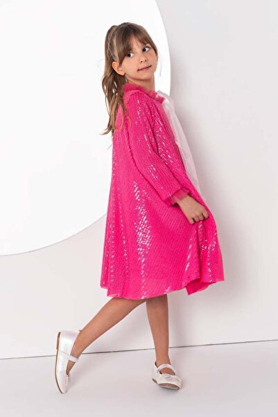 Riccotarz Φούξια φόρεμα για κορίτσι με τούλι στο γιακά και κεντημένο φιόγκο στους ώμους