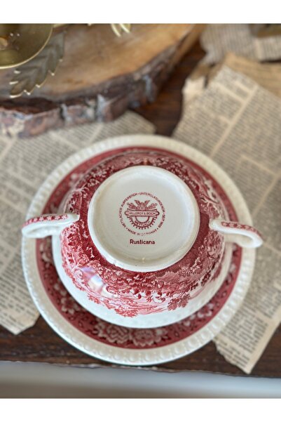 Villeroy & Boch Villeroy Boch Rusticana Porselen Kırmızı Antika Porselen Konsome Kulplu Kase Tabağı Sunumluk Adet
