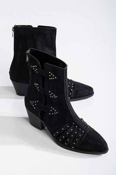MS SUGAR SHOES Moderne și elegante: cizme cu toc de culoare neagră cu detalii decorative
