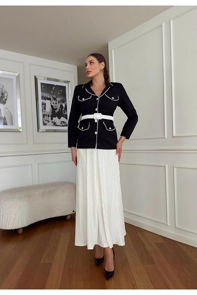 1Moda1Tarz Women's Imported Fabric Top Belted Button Detail Bottom Waist Elastic Pleated Chiffon Fabric Lined Design Suit