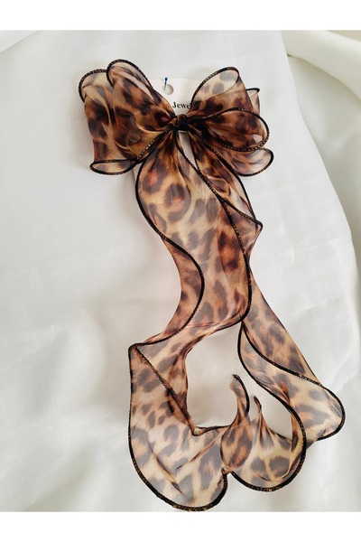 MİNİKLER SHOPPING Açık kahve leopar desenli organze otomaket tüylü toka