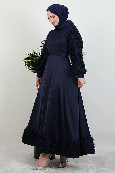 GİYZAMİLA Βραδινό φόρεμα Navy Blue Satin με λεπτομέρεια τριαντάφυλλου