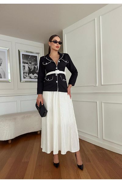 1Moda1Tarz Women's Imported Fabric Top Belted Button Detail Bottom Waist Elastic Pleated Chiffon Fabric Lined Design Suit