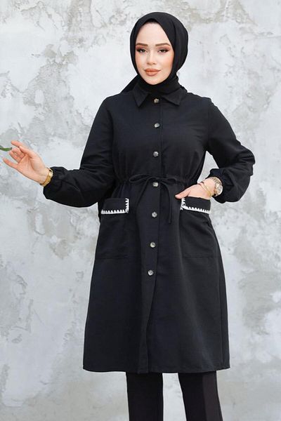 STİLZERAFET Trench Coat with Buttoned Pocket Embroidered Detail