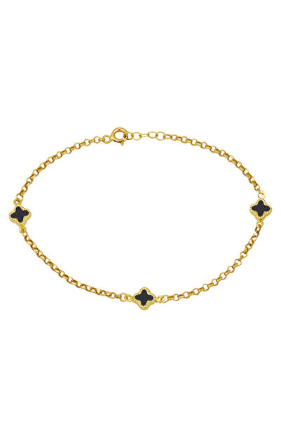 Bilezikci Siyah Yonca Model 14 Ayar Altın Zincirli Bileklik