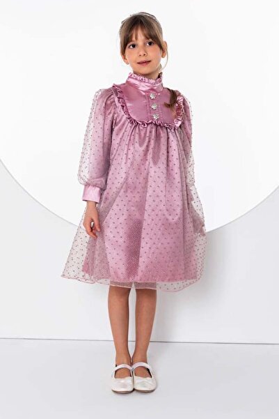 Riccotarz Girl's Spotted and Sequined Lined Rose Dried Dress with Ruffled Collar