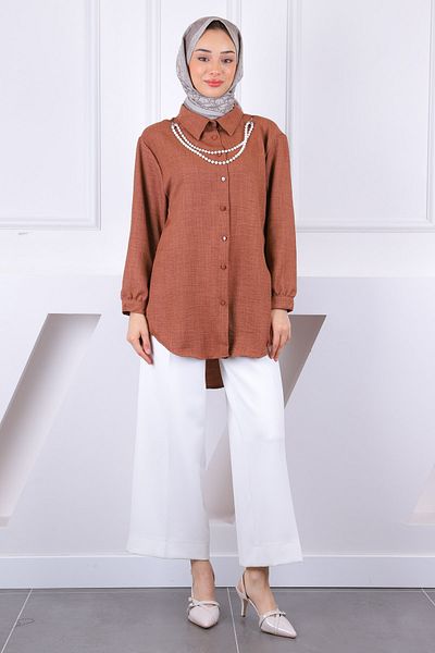 İmajButik Λινό πουκάμισο με κολιέ καφέ μαργαριτάρι