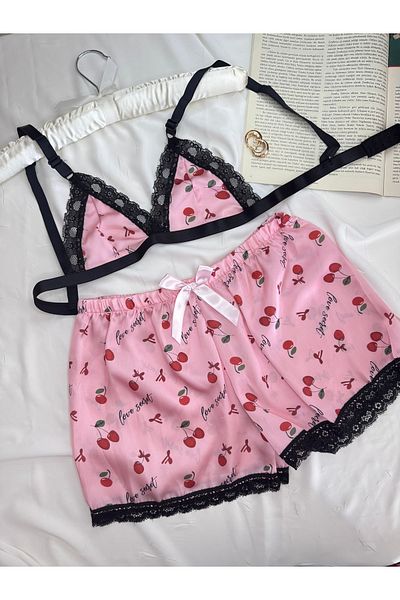 ROZENİN LINGERIE Cherry Patterned Pink Satin Bralet Shorts Pajama Set